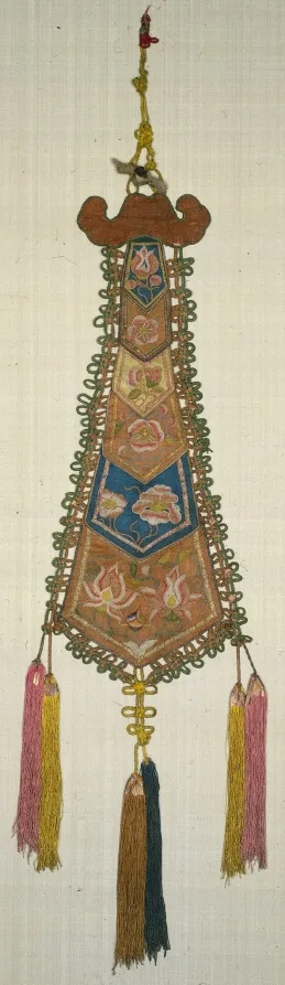 Long embroidered silk pendant worked with silvered and gilded paper and gold thread in needleloop embroidery
