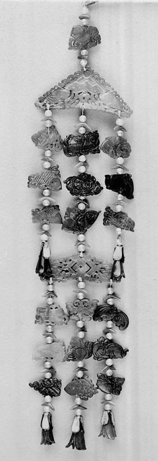 Pearl, kingfisher feather, amber and coral headdress ornament, qing dynasty, 45.7 cm long.