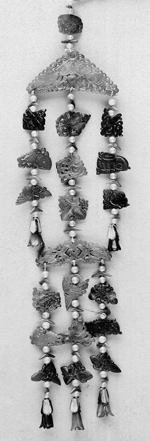 Pearl, kingfisher feather, amber and coral headdress ornament, qing dynasty, 45.7 cm long.