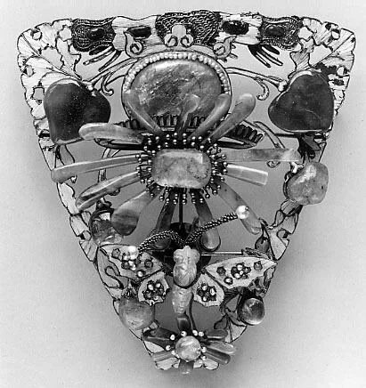 Jade (nephrite), glass, kingfisher feather and coral headdress ornament, qing dynasty.
