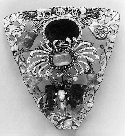 Jade (nephrite), glass, kingfisher feather and coral headdress ornament, qing dynasty.